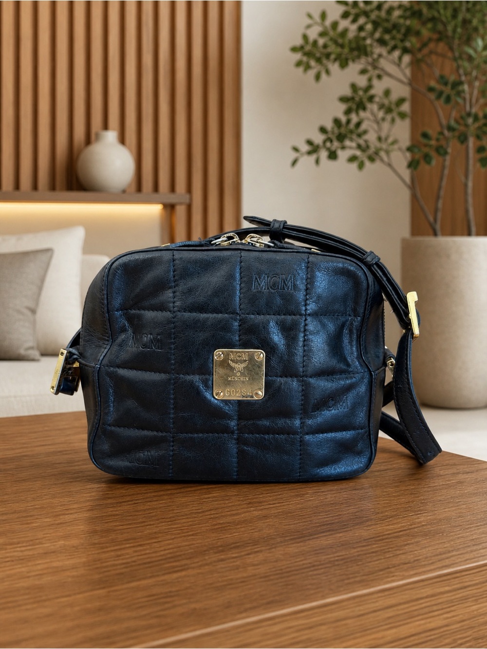MCM Black Quilted Leather Camera Bag with Gold Plaque